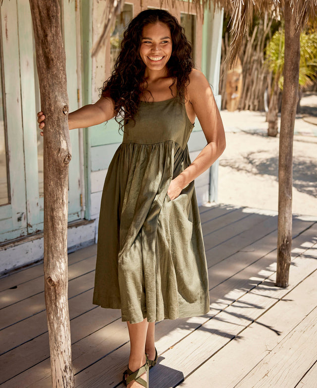 Organic Linen Womens Midi Dress - Khaki